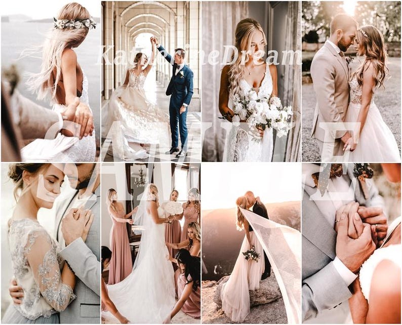 May include: A collage of wedding photos featuring couples in various poses. The photos show the bride and groom getting ready, exchanging vows, and celebrating with their guests. The photos are all in a warm, romantic style.