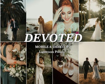 May include: A collection of wedding-themed photographs featuring couples and bridal details with the text DEVOTED MOBILE & DESKTOP Lightroom Presets overlaid in white, showcasing various outdoor settings, floral bouquets, and formal attire.