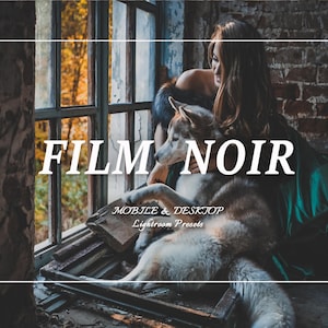 May include: A digital product advertisement for FILM NOIR MOBILE & DESKTOP Lightroom Presets featuring a person in a dark green dress sitting with a husky dog near a window with a brick wall background and warm outdoor light filtering through.