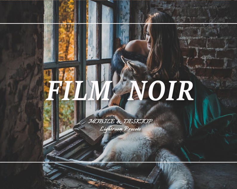 May include: A digital product advertisement for FILM NOIR MOBILE & DESKTOP Lightroom Presets featuring a person in a dark green dress sitting with a husky dog near a window with a brick wall background and warm outdoor light filtering through.