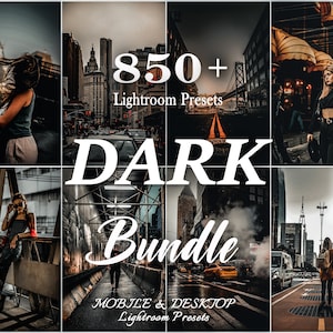 Könnte beinhalten: Eine Collage aus Bildern, die eine Sammlung von über 850 dunklen Lightroom-Presets für Mobilgeräte und Desktop zeigen. Die Bilder zeigen Stadtlandschaften, urbane Umgebungen und Menschen in verschiedenen Posen.
