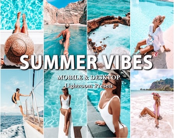 May include: A collage of eight summer-themed photographs featuring turquoise water, swimming pools, beaches, and sailboats. The text SUMMER VIBES is centered in large white letters, with MOBILE & DESKTOP Lightroom Presets written below in smaller text.