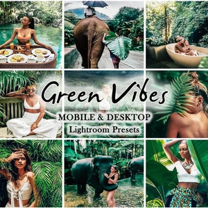 May include: A collage of images featuring lush green foliage, tropical landscapes, and people enjoying the outdoors. The text "Green Vibes" is displayed in a stylized font, along with the words "Mobile & Desktop Lightroom Presets".