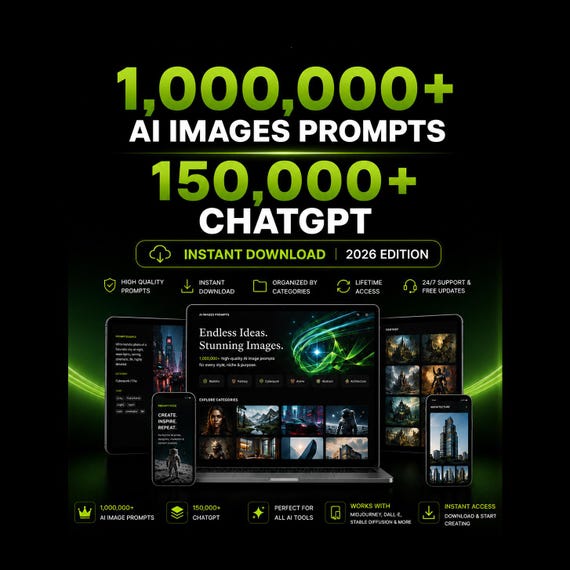 1,000,000 AI Prompts Bundle + 150,000 ChatGPT Prompts, Ultimate Midjourney Prompt Pack | Excel File | Copy & Paste AI Prompts, Digital Ideas