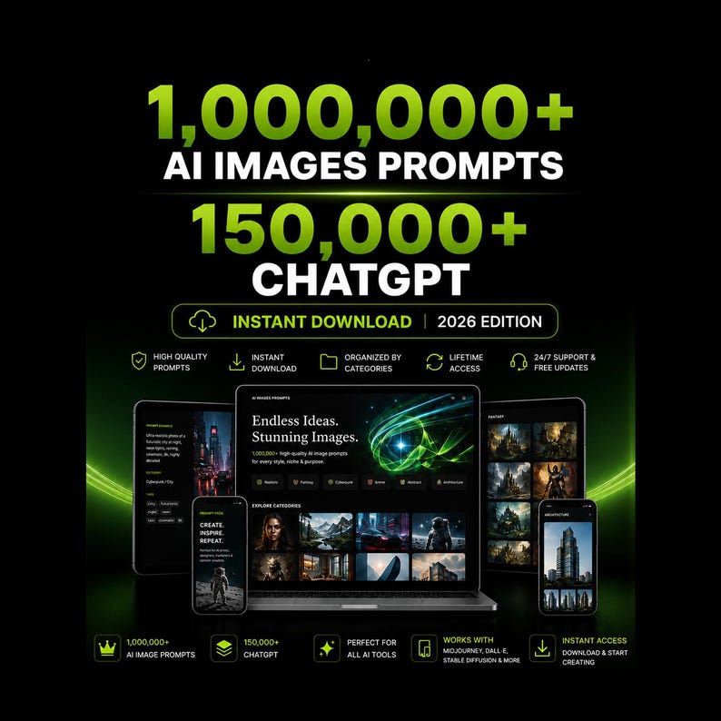 K&ouml;nnte beinhalten: Eine digitale Produktanzeige mit 1.000.000+ KI-Bild-Prompts und 150.000+ ChatGPT-Prompts. Die Grafik zeigt einen Laptop und mobile Ger&auml;te mit Schnittstellenvorschauen sowie den Text Instant Download, 2026 Edition und lebenslangen Zugriff.