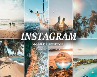 May include: A collage of images featuring tropical beaches, palm trees, and ocean views. The text "INSTAGRAM MOBILE & DESKTOP Lightroom Presets" is displayed in the center of the image.