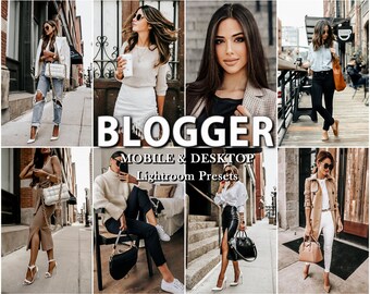 May include: A collage of images featuring women wearing stylish outfits in urban settings. The images are arranged in a grid pattern and feature a variety of styles, including casual, chic, and trendy. The text "Blogger" is prominently displayed in the center of the collage, along with the words "Mobile & Desktop Lightroom Presets".