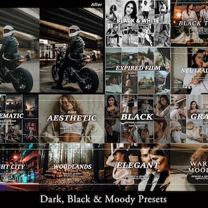 Op de afbeelding: Een digitale collectie fotobewerkingspresets genaamd Dark, Black & Moody Presets. De afbeelding toont een raster van voor-en-na voorbeelden en verschillende stijlcategorie&euml;n, waaronder Black & White, Expired Film, Cinematic, Dark Aesthetic, Night City en Warm Moody.