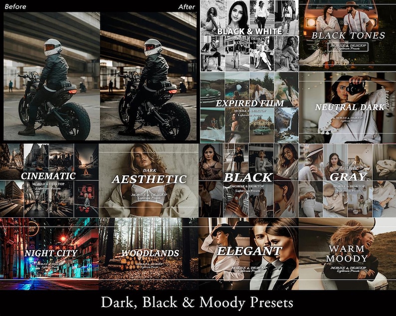 Op de afbeelding: Een digitale collectie fotobewerkingspresets genaamd Dark, Black & Moody Presets. De afbeelding toont een raster van voor-en-na voorbeelden en verschillende stijlcategorie&euml;n, waaronder Black & White, Expired Film, Cinematic, Dark Aesthetic, Night City en Warm Moody.