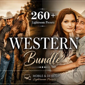 Może przedstawiać: Cyfrowy produkt zawierający zestaw ponad 260 presetów Lightroom Western Bundle, prezentujący dwa podzielone zdjęcia par w kowbojskich kapeluszach i strojach westernowych, w tym jedno z koniem, oraz tekst informujący o kompatybilności z urządzeniami mobilnymi i komputerami.
