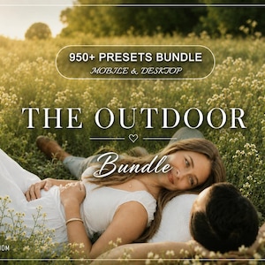 May include: A digital product advertisement featuring the text 950+ PRESETS BUNDLE MOBILE & DESKTOP, THE OUTDOOR Bundle, and LIGHTROOM EDITS. The image displays a person in a white dress lying in a field of small white flowers at sunset.