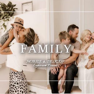 以下が含まれることがあります： 「FAMILY」の文字が大きく表示された家族写真。赤ちゃんにキスをする母親と、階段にポーズをとる5人家族が写っています。「MOBILE & DESKTOP Lightroom Presets」の文字も確認できます。