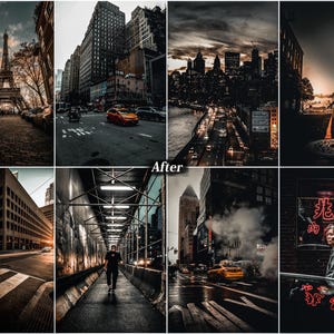 May include: A collage of eight urban photographs featuring the Eiffel Tower, city streets with skyscrapers, a bridge at sunset, a pedestrian crossing, a construction walkway, a busy intersection with steam, and a person near red neon signs.