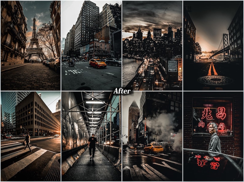 May include: A collage of eight urban photographs featuring the Eiffel Tower, city streets with skyscrapers, a bridge at sunset, a pedestrian crossing, a construction walkway, a busy intersection with steam, and a person near red neon signs.