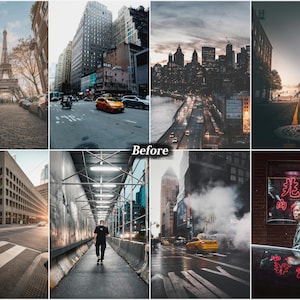 May include: A collage of eight urban scenes featuring the Eiffel Tower, New York City streets with yellow taxis, a skyline at dusk, a bridge, a crosswalk, a construction walkway, steam rising from a city street, and a person near a red neon sign.