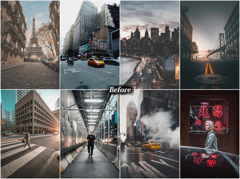 May include: A collage of eight urban scenes featuring the Eiffel Tower, New York City streets with yellow taxis, a skyline at dusk, a bridge, a crosswalk, a construction walkway, steam rising from a city street, and a person near a red neon sign.