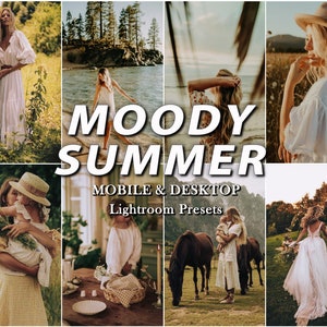 May include: A collection of eight photographs featuring outdoor scenes, including a person in a white dress, a person by the water, a person in a hat, a person holding a child, a table setting, horses, and a couple, with the text MOODY SUMMER MOBILE & DESKTOP Lightroom Presets.