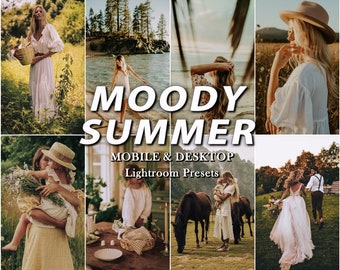 Puede incluir: Una colección de ocho fotografías con escenas al aire libre, incluyendo una persona con vestido blanco, junto al agua, con sombrero, cargando a un niño, una mesa puesta, caballos y una pareja, con el texto MOODY SUMMER MOBILE & DESKTOP Lightroom Presets.