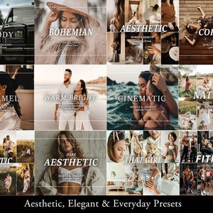 May include: A digital collage of twelve distinct photography preset collections, each labeled with text such as Moody, Bohemian, Aesthetic, Coffee, Caramel, Warm Bright, Cinematic, Natural, Rustic, Dark Aesthetic, That Girl, and Fitness for mobile and desktop.