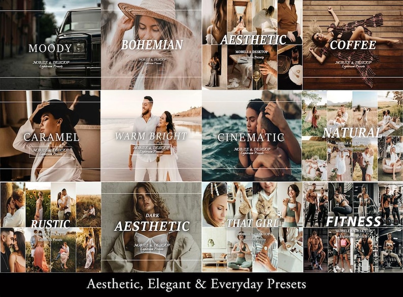 May include: A digital collage of twelve distinct photography preset collections, each labeled with text such as Moody, Bohemian, Aesthetic, Coffee, Caramel, Warm Bright, Cinematic, Natural, Rustic, Dark Aesthetic, That Girl, and Fitness for mobile and desktop.