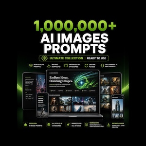 Può includere: Una visualizzazione di prodotto digitale con il testo 1,000,000+ AI IMAGES PROMPTS, ULTIMATE COLLECTION e READY TO USE. La grafica mostra un computer portatile e dispositivi mobili che visualizzano immagini generate dall'IA, categorie e il testo Endless Ideas. Stunning Images.