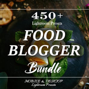 Pode incluir: Um close-up de um prato de comida com um vegetal de folhas verdes, abacate e um ovo cozido. O texto "450+ Lightroom Presets Food Blogger Bundle Mobile & Desktop Lightroom Presets" é exibido em um fundo preto.