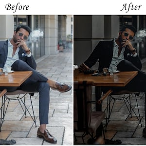 May include: A split-screen comparison showing a person in a dark suit, white shirt, and brown loafers sitting at a wooden table. The left side displays a lighter color grade, while the right side features a darker, high-contrast edit with visible smoke.