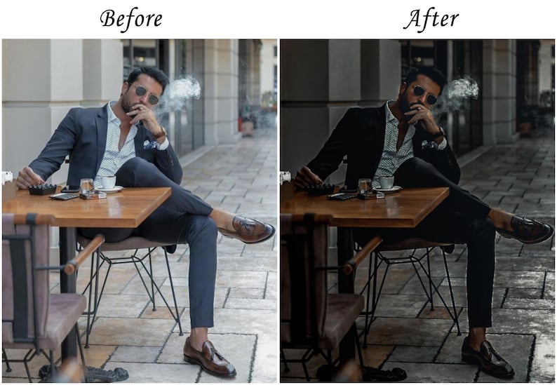 May include: A split-screen comparison showing a person in a dark suit, white shirt, and brown loafers sitting at a wooden table. The left side displays a lighter color grade, while the right side features a darker, high-contrast edit with visible smoke.