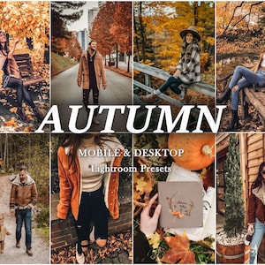 May include: A collection of Lightroom presets for mobile and desktop, featuring autumnal colors and scenes. The presets are designed to enhance photos with warm tones, rich colors, and a cozy feel.