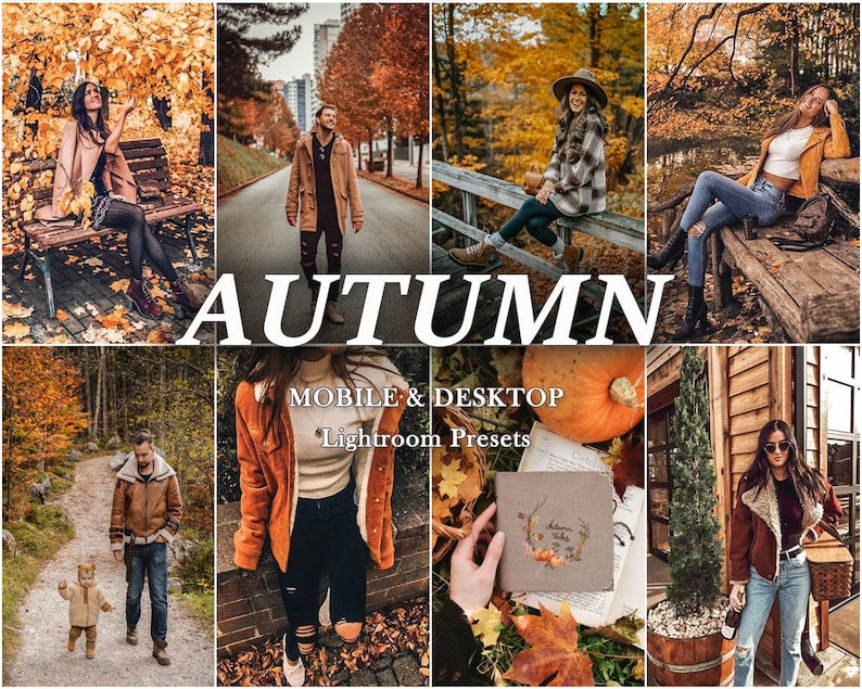 May include: A collection of Lightroom presets for mobile and desktop, featuring autumnal colors and scenes. The presets are designed to enhance photos with warm tones, rich colors, and a cozy feel.