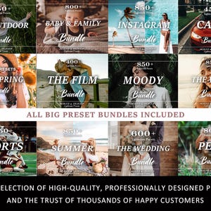 May include: A digital collection of Lightroom presets featuring twelve distinct categories including outdoor, baby and family, Instagram, cars, spring, film, moody, warm, sports, summer, wedding, and pets, with text overlays indicating preset counts.