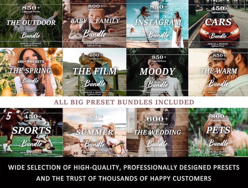 May include: A digital collection of Lightroom presets featuring twelve distinct categories including outdoor, baby and family, Instagram, cars, spring, film, moody, warm, sports, summer, wedding, and pets, with text overlays indicating preset counts.
