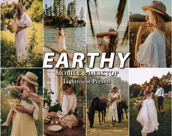 May include: A collection of Lightroom presets for mobile and desktop, called "Earthy". The presets are designed to give photos a warm, earthy tone. The image shows several photos edited with the presets, including a woman in a white dress, a couple in a field, and a woman with a horse.