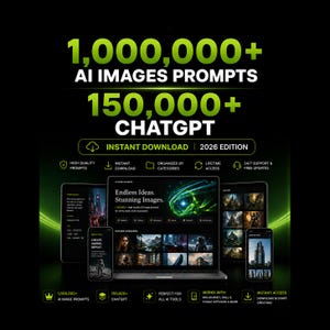 May include: A digital product display featuring 1,000,000+ AI images prompts and 150,000+ ChatGPT prompts. The graphic includes a laptop and mobile devices showing interface previews, with text stating Instant Download, 2026 Edition, and lifetime access.