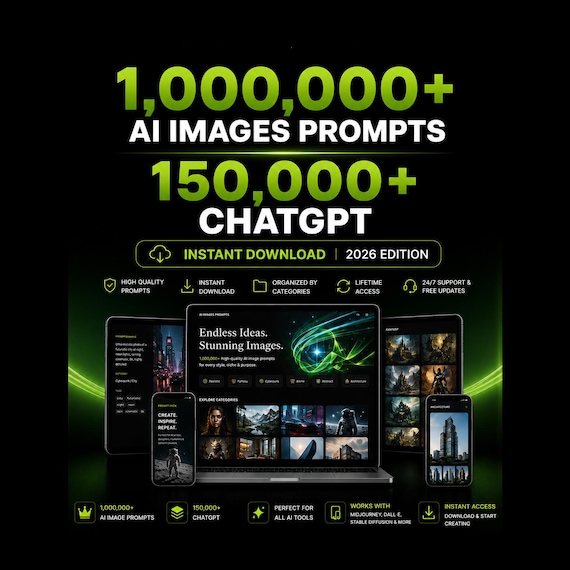 1,000,000 AI Prompts Bundle + 150,000 ChatGPT Prompts, Ultimate Midjourney Prompt Pack | Excel File | Copy & Paste AI Prompts, Digital Ideas