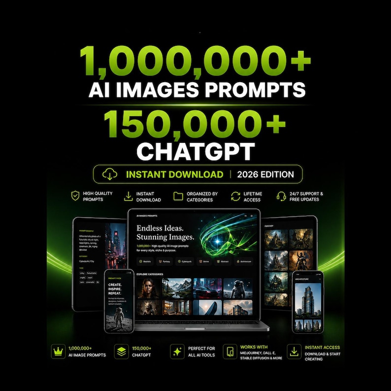 May include: A digital product display featuring 1,000,000+ AI images prompts and 150,000+ ChatGPT prompts. The graphic includes a laptop and mobile devices showing interface previews, with text stating Instant Download, 2026 Edition, and lifetime access.