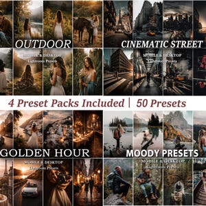 May include: A collection of 50 Lightroom presets for mobile and desktop, organized into four packs: Outdoor, Cinematic Street, Golden Hour, and Moody. The image displays various photographic examples featuring landscapes, city streets, and portraits.