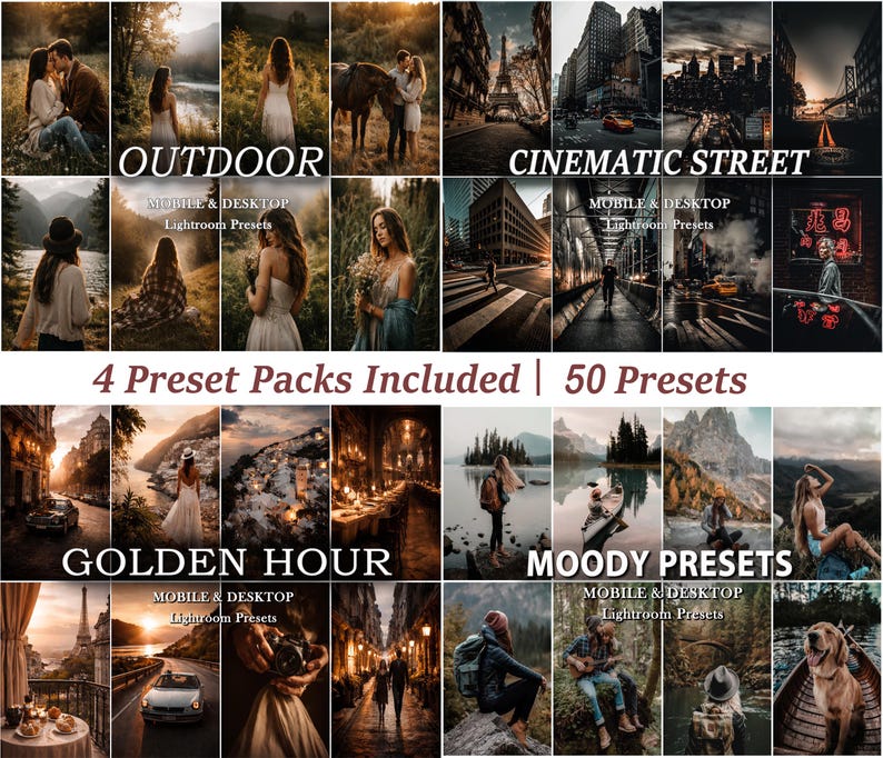 May include: A collection of 50 Lightroom presets for mobile and desktop, organized into four packs: Outdoor, Cinematic Street, Golden Hour, and Moody. The image displays various photographic examples featuring landscapes, city streets, and portraits.