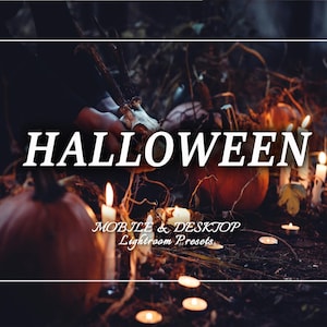 以下が含まれることがあります： モバイルとデスクトップ用のハロウィーンテーマのLightroomプリセット。画像は、かぼちゃ、ろうそく、その他のハロウィーンの装飾品のコレクションを示しています。