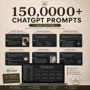 K&ouml;nnte beinhalten: Eine digitale Grafik mit dem Titel 150,000+ CHATGPT PROMPTS 2026 EDITION. Sie zeigt sechs Kategorien: Content-Erstellung, Business & Strategie, Lernen & Bildung, Produktivit&auml;t, kreatives Schreiben und Technik, mit einem Laptop, der eine Prompt-Bibliothek anzeigt.