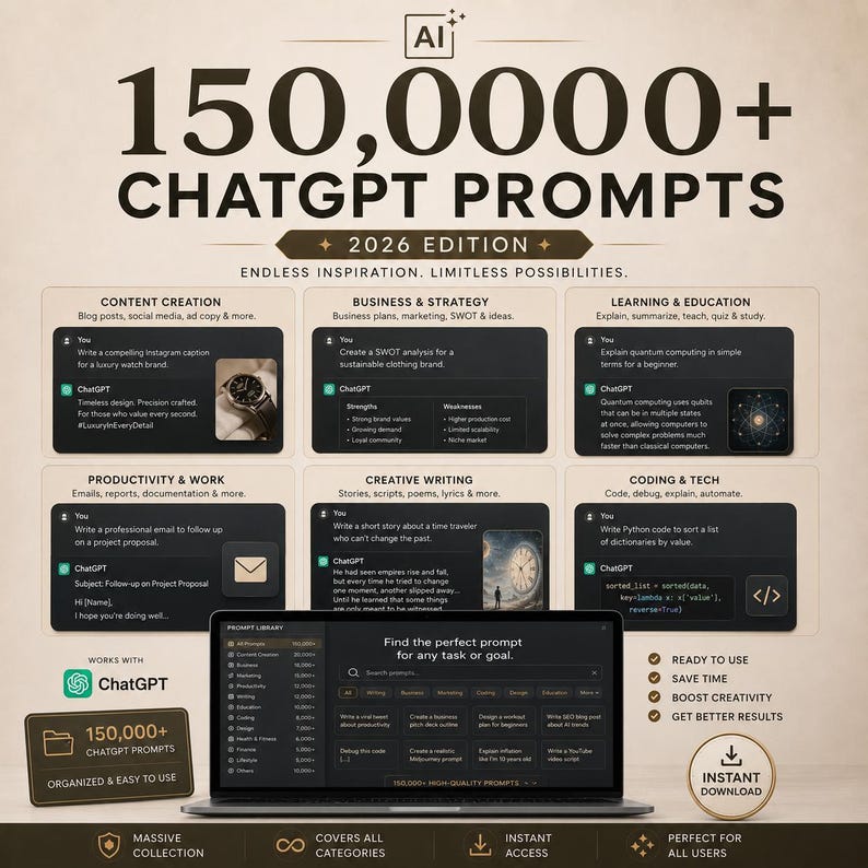 K&ouml;nnte beinhalten: Eine digitale Grafik mit dem Titel 150,000+ CHATGPT PROMPTS 2026 EDITION. Sie zeigt sechs Kategorien: Content-Erstellung, Business & Strategie, Lernen & Bildung, Produktivit&auml;t, kreatives Schreiben und Technik, mit einem Laptop, der eine Prompt-Bibliothek anzeigt.