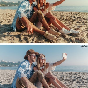 May include: A brown fedora, blue and white patterned button-down shirt, tan trousers, and beige shoes paired with a white off-the-shoulder top, white sneakers, and a smartphone. The scene features two individuals sitting on a sandy beach.