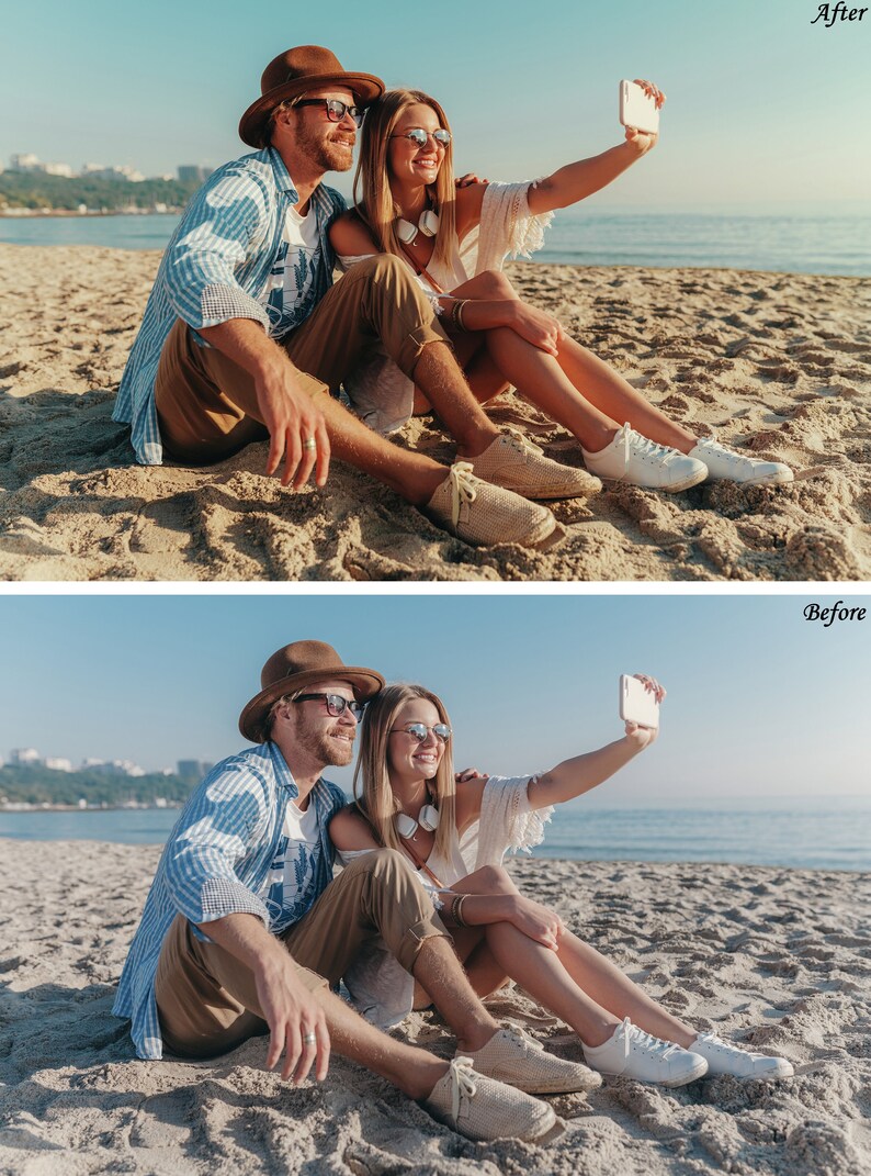 May include: A brown fedora, blue and white patterned button-down shirt, tan trousers, and beige shoes paired with a white off-the-shoulder top, white sneakers, and a smartphone. The scene features two individuals sitting on a sandy beach.