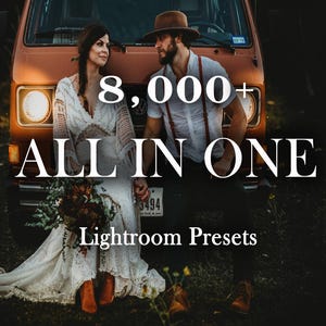 May include: A couple poses in front of a vintage van with the text "8,000+ ALL IN ONE Lightroom Presets".