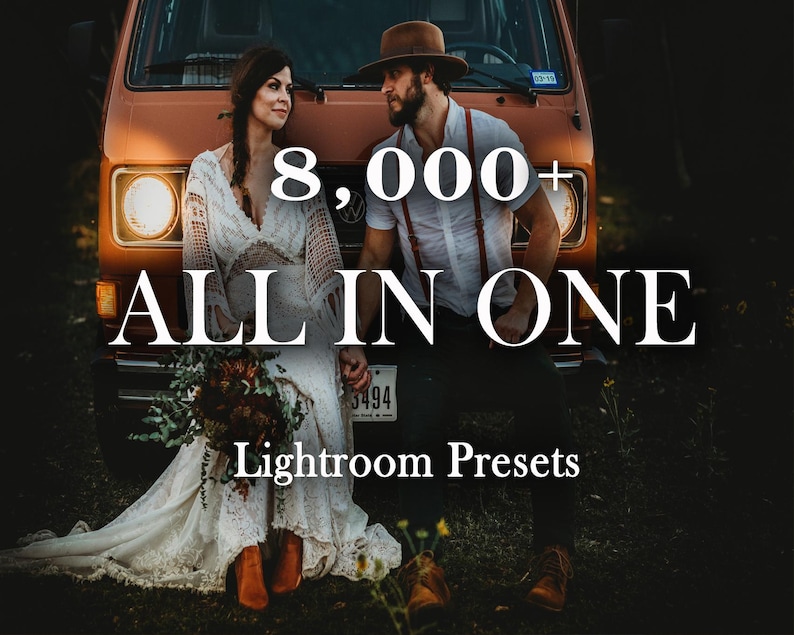 May include: A couple poses in front of a vintage van with the text "8,000+ ALL IN ONE Lightroom Presets".