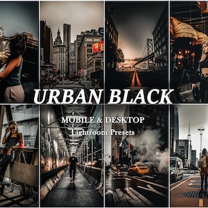 Könnte beinhalten: Eine Collage von Bildern, die urbane Stadtlandschaften mit einer dunklen und stimmungsvollen Ästhetik zeigen. Die Bilder zeigen Brücken, Gebäude und Straßenszenen. Der Text "Urban Black" und "Mobile & Desktop Lightroom Presets" ist auf der Collage zu sehen.