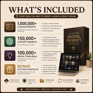 K&ouml;nnte beinhalten: Eine All-in-One-Infografik f&uuml;r digitale Produktpakete mit &uuml;ber 1.000.000 KI-Bild-Prompts, 150.000 ChatGPT-Prompts, 100.000 digitalen Produktideen und einem Bonus-Etsy-Shop-Starter-Kit, dargestellt mit einem Laptop und einer Box.