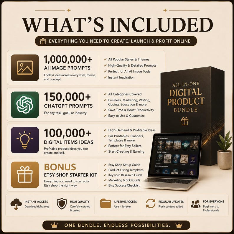 K&ouml;nnte beinhalten: Eine All-in-One-Infografik f&uuml;r digitale Produktpakete mit &uuml;ber 1.000.000 KI-Bild-Prompts, 150.000 ChatGPT-Prompts, 100.000 digitalen Produktideen und einem Bonus-Etsy-Shop-Starter-Kit, dargestellt mit einem Laptop und einer Box.