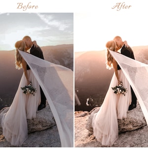 May include: A split-screen comparison showing a wedding couple kissing on a rocky cliffside. The left side is labeled Before and the right side is labeled After. The couple is dressed in a formal black suit and a long, flowing white wedding dress.