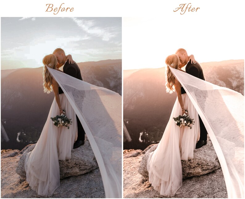 May include: A split-screen comparison showing a wedding couple kissing on a rocky cliffside. The left side is labeled Before and the right side is labeled After. The couple is dressed in a formal black suit and a long, flowing white wedding dress.